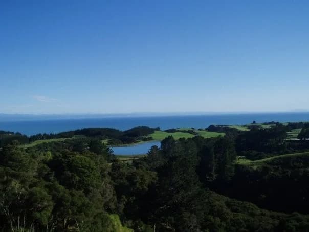 Aerial view across the golf course and coastal farmland at Cape Kidnappers