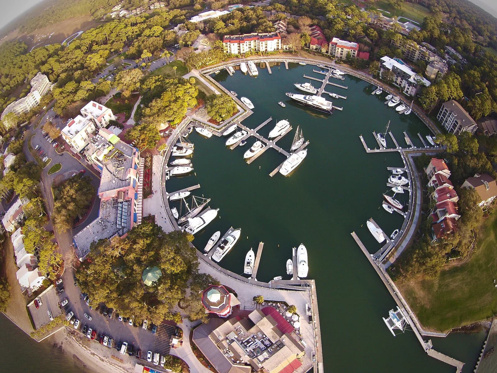 Aerial view of Harbour Town Golf Links, marina and resort on Hilton Head Island