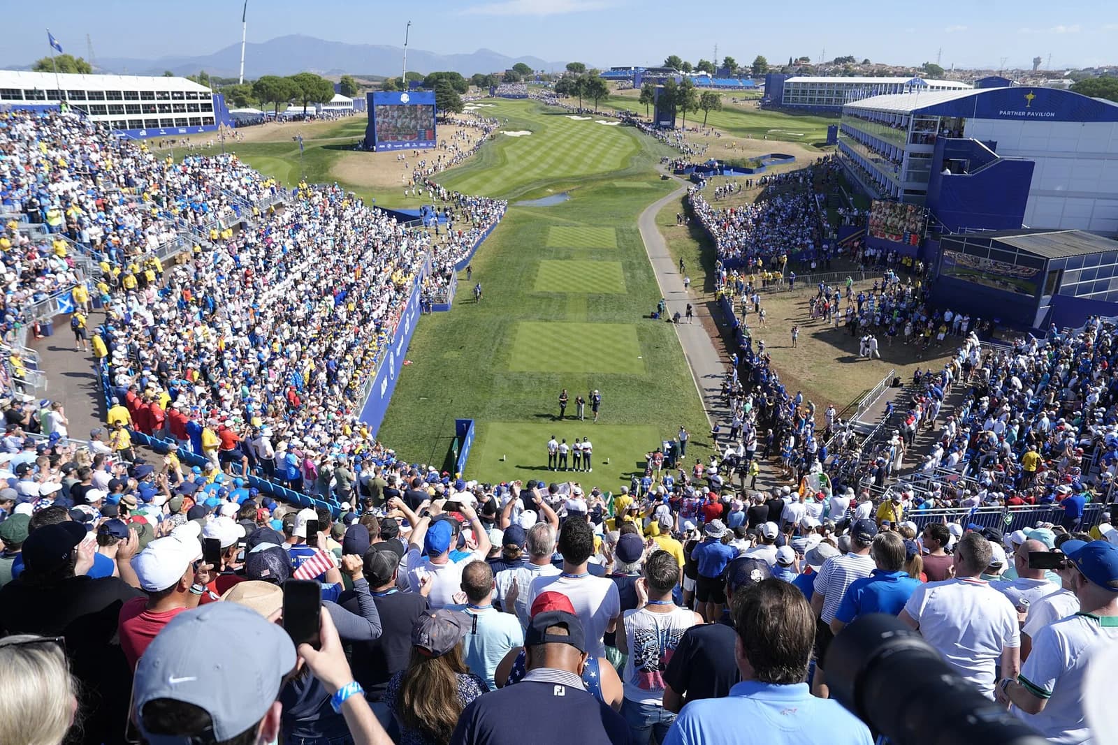 The first-hole grandstand and course at Marco Simone during the 2023 Ryder Cup