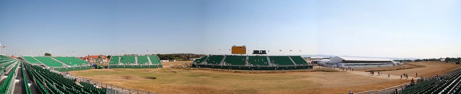 A panoramic view across the eighteenth hole at Royal Liverpool Golf Club