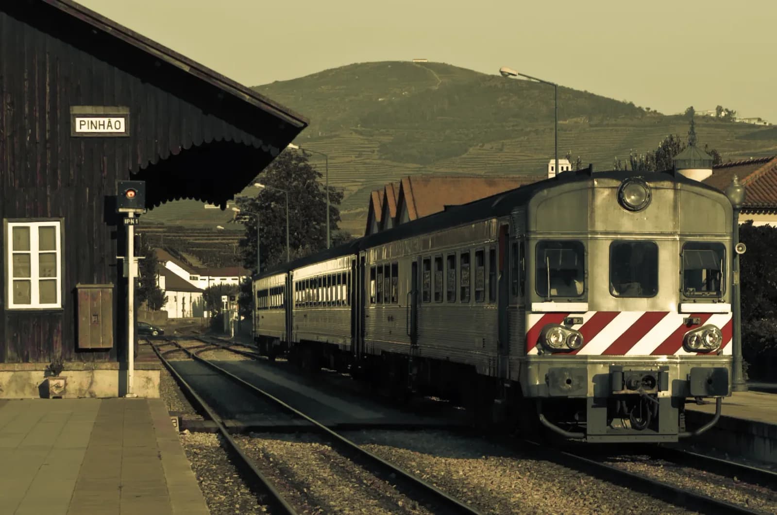 A CP train at Pinhão station on Portugal’s Douro Line
