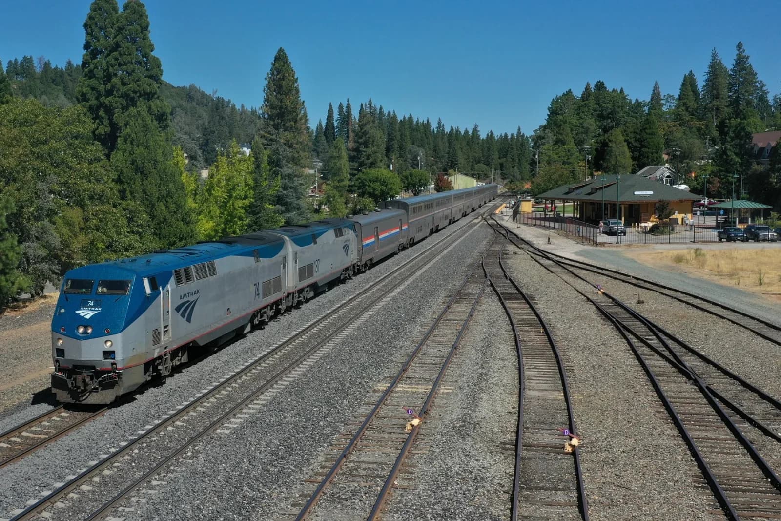 Westbound California Zephyr stopped at Colfax beneath the Sierra Nevada