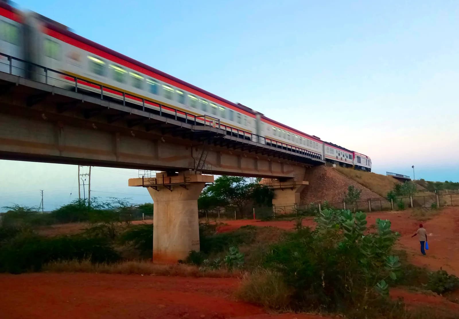 A Madaraka Express passenger train on the Mombasa–Nairobi Standard Gauge Railway